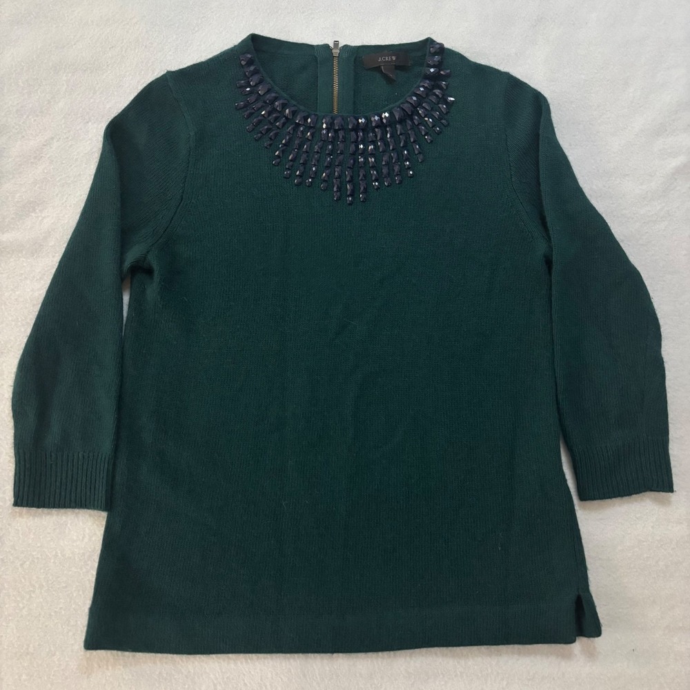 J.Crew Women Green Beaded Statement Neckline Wool Blend Sweater XS 08429